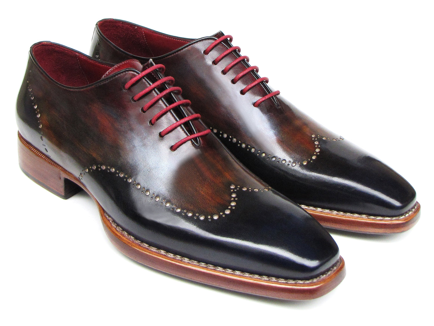 Paul Parkman Wingtip Oxford Goodyear Welted Navy Red Black - 081-MIX by Paul Parkman: Handmade brogues featuring decorative perforations, navy, red, and black gradient leather, Goodyear welt construction, and red laces. Displayed on a white background.