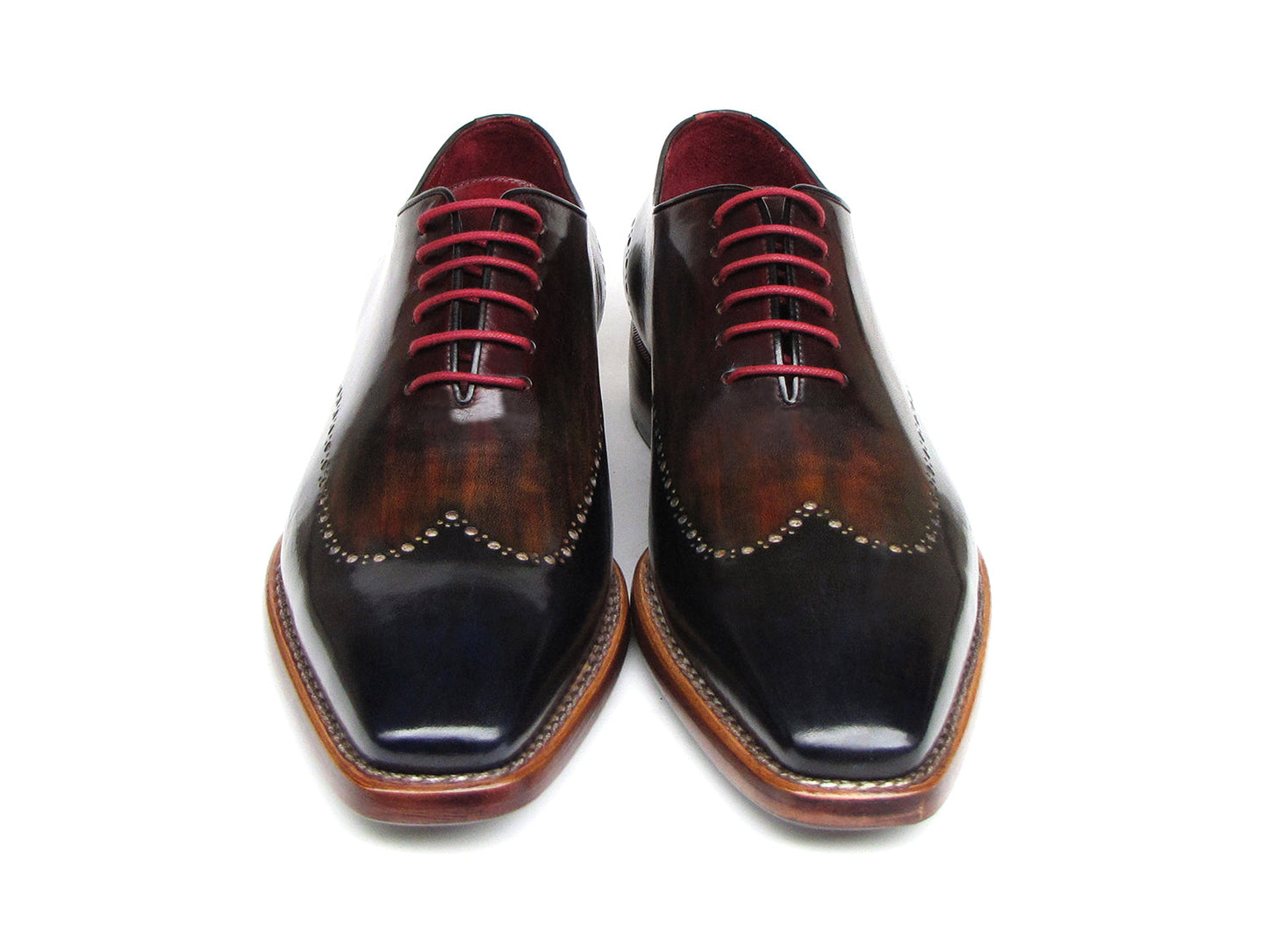 Paul Parkman Wingtip Oxford Goodyear Welted Navy Red Black - 081-MIX by Paul Parkman: Handmade brogues featuring decorative perforations, navy, red, and black gradient leather, Goodyear welt construction, and red laces. Displayed on a white background.