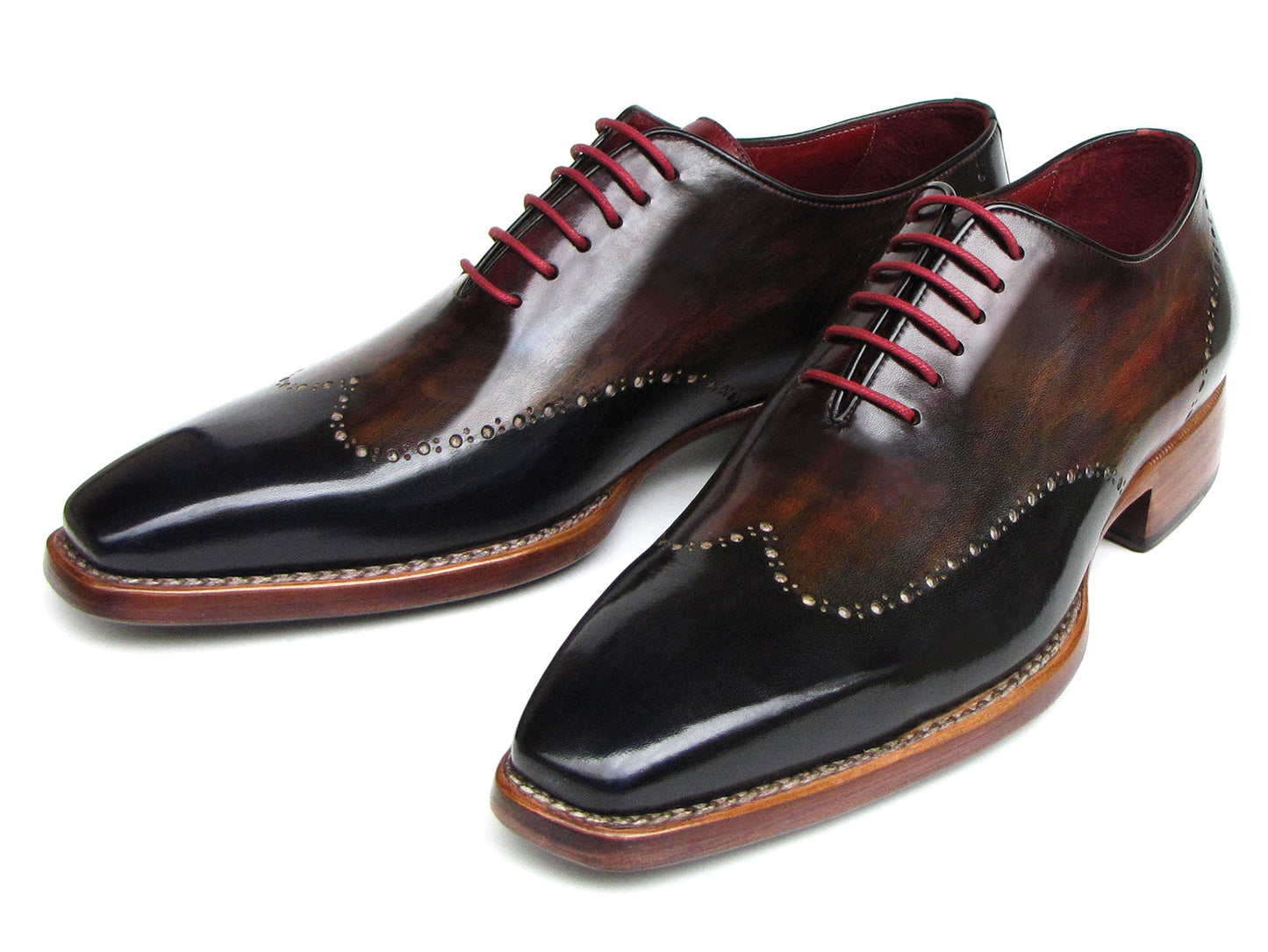 Paul Parkman Wingtip Oxford Goodyear Welted Navy Red Black - 081-MIX by Paul Parkman: Handmade brogues featuring decorative perforations, navy, red, and black gradient leather, Goodyear welt construction, and red laces. Displayed on a white background.