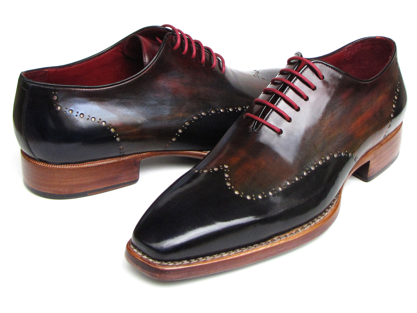 Paul Parkman Wingtip Oxford Goodyear Welted Navy Red Black - 081-MIX by Paul Parkman: Handmade brogues featuring decorative perforations, navy, red, and black gradient leather, Goodyear welt construction, and red laces. Displayed on a white background.