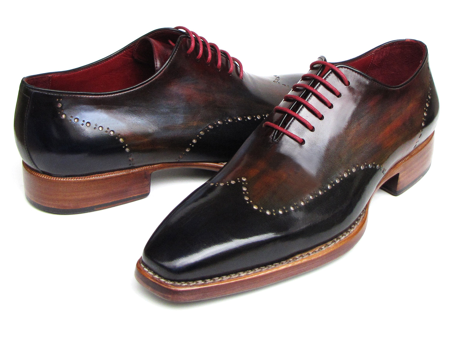 Paul Parkman Wingtip Oxford Goodyear Welted Navy Red Black - 081-MIX by Paul Parkman: Handmade brogues featuring decorative perforations, navy, red, and black gradient leather, Goodyear welt construction, and red laces. Displayed on a white background.