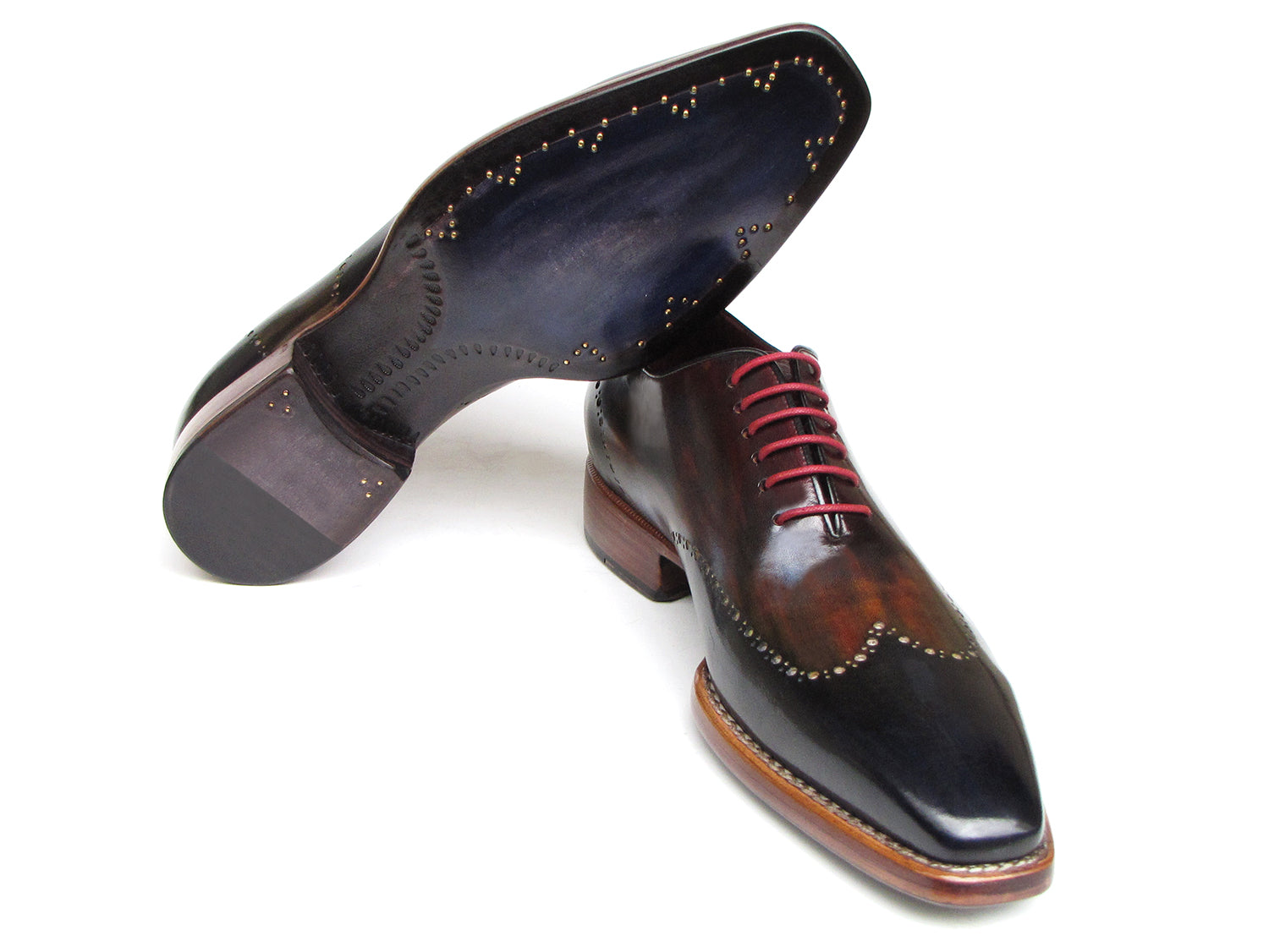 Paul Parkman Wingtip Oxford Goodyear Welted Navy Red Black - 081-MIX by Paul Parkman: Handmade brogues featuring decorative perforations, navy, red, and black gradient leather, Goodyear welt construction, and red laces. Displayed on a white background.