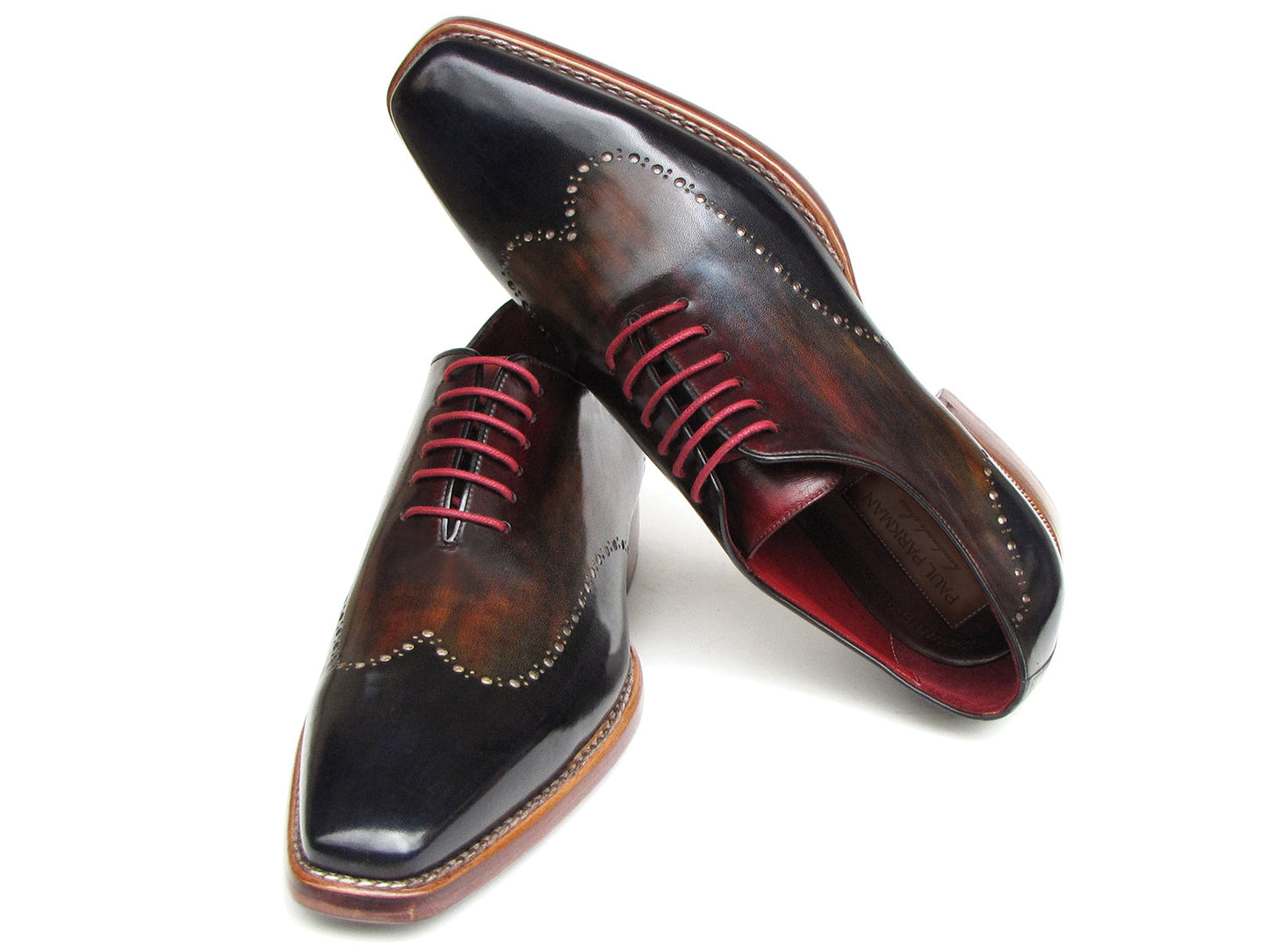 Paul Parkman Wingtip Oxford Goodyear Welted Navy Red Black - 081-MIX by Paul Parkman: Handmade brogues featuring decorative perforations, navy, red, and black gradient leather, Goodyear welt construction, and red laces. Displayed on a white background.