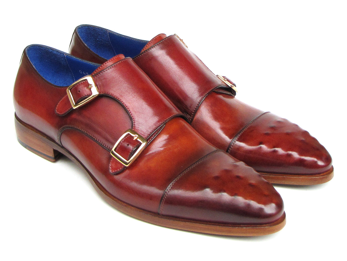 Paul Parkman Double Monkstrap Burgundy Leather - 047-BUR by Paul Parkman: Handmade men's double monkstrap shoes in burgundy leather with blue inner lining and decorative perforations on the toe.