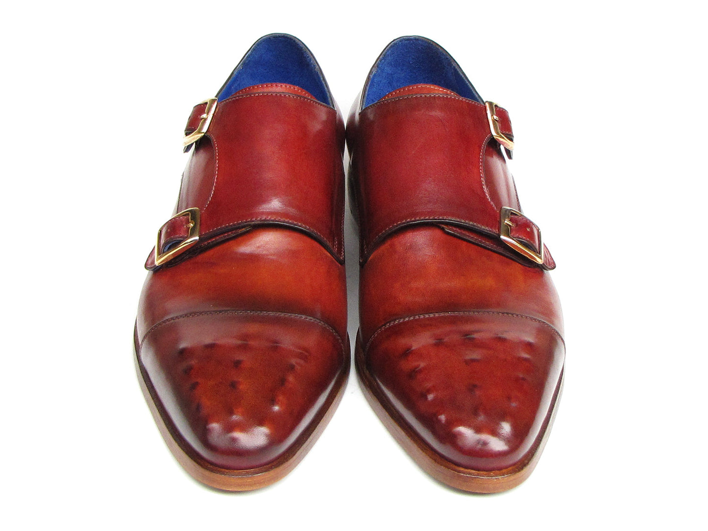 Paul Parkman Double Monkstrap Burgundy Leather - 047-BUR by Paul Parkman: Handmade men's double monkstrap shoes in burgundy leather with blue inner lining and decorative perforations on the toe.