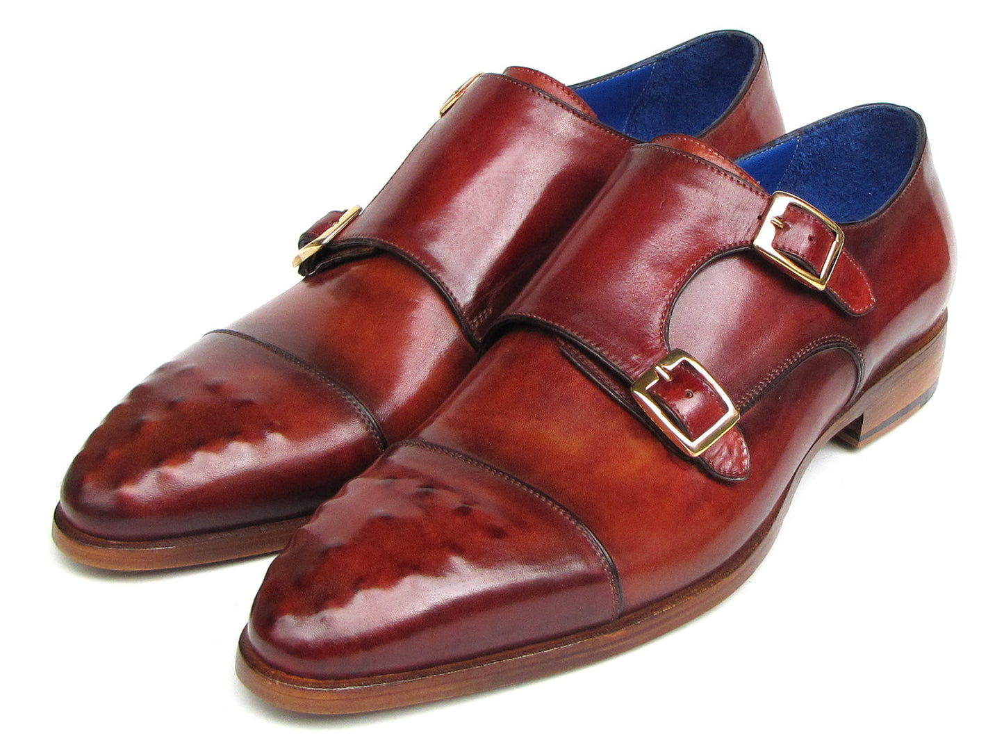 Paul Parkman Double Monkstrap Burgundy Leather - 047-BUR by Paul Parkman: Handmade men's double monkstrap shoes in burgundy leather with blue inner lining and decorative perforations on the toe.