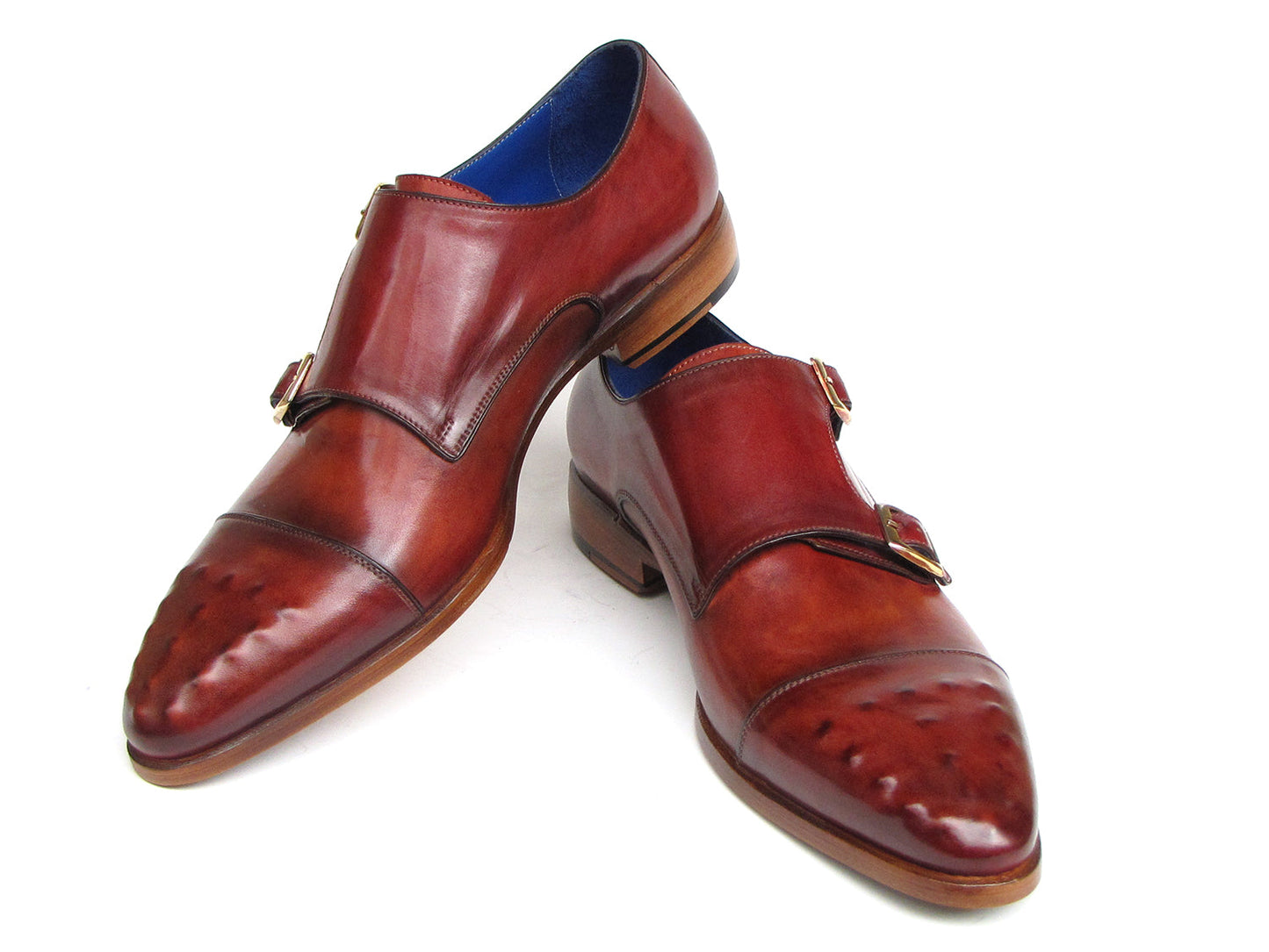 Paul Parkman Double Monkstrap Burgundy Leather - 047-BUR by Paul Parkman: Handmade men's double monkstrap shoes in burgundy leather with blue inner lining and decorative perforations on the toe.