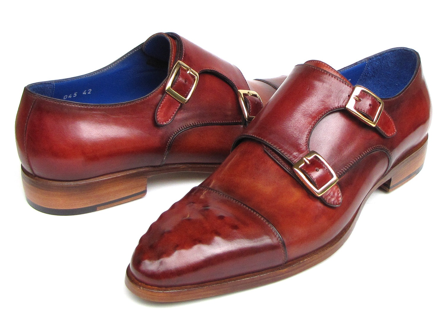 Paul Parkman Double Monkstrap Burgundy Leather - 047-BUR by Paul Parkman: Handmade men's double monkstrap shoes in burgundy leather with blue inner lining and decorative perforations on the toe.
