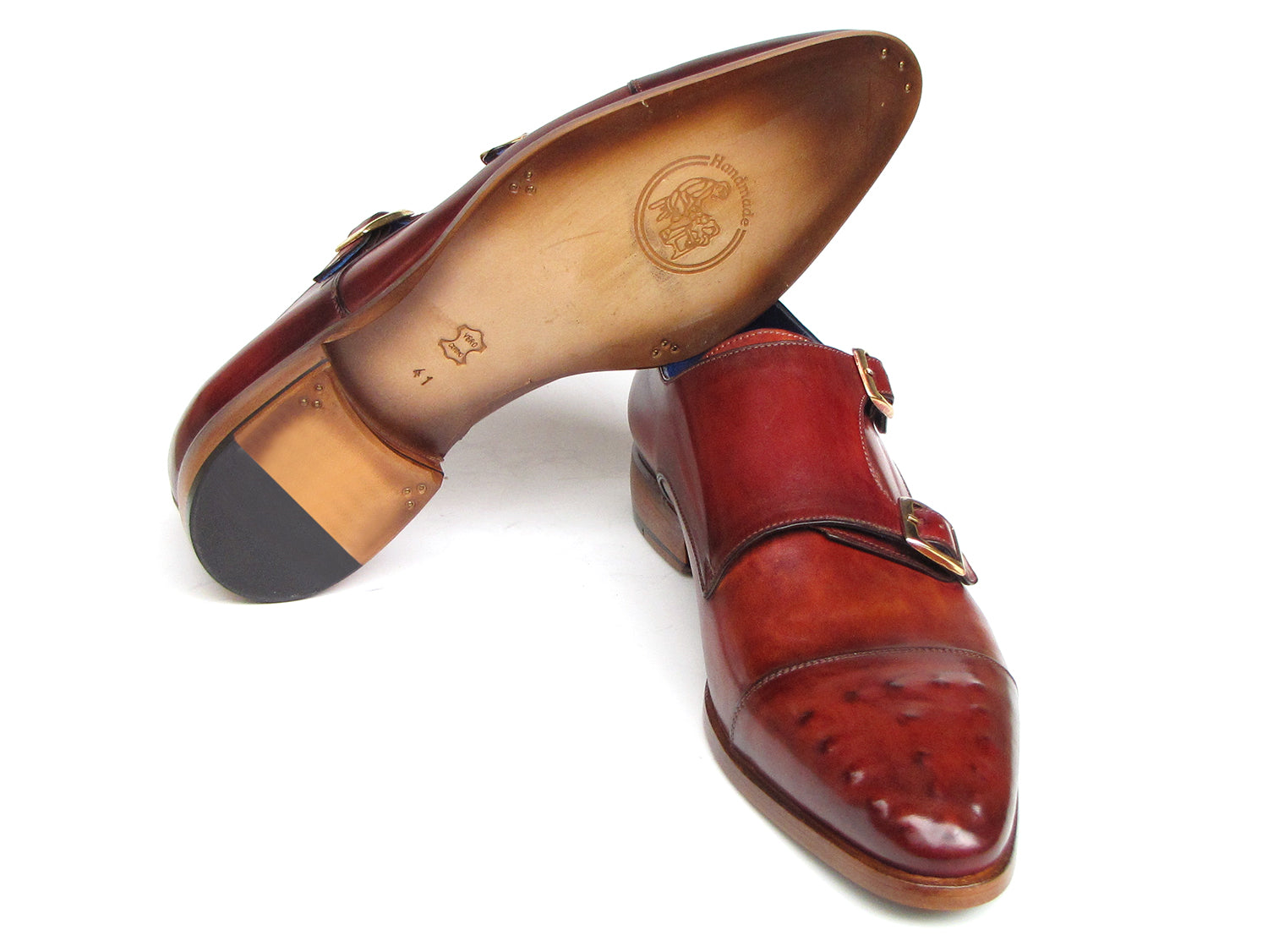 Paul Parkman Double Monkstrap Burgundy Leather - 047-BUR by Paul Parkman: Handmade men's double monkstrap shoes in burgundy leather with blue inner lining and decorative perforations on the toe.