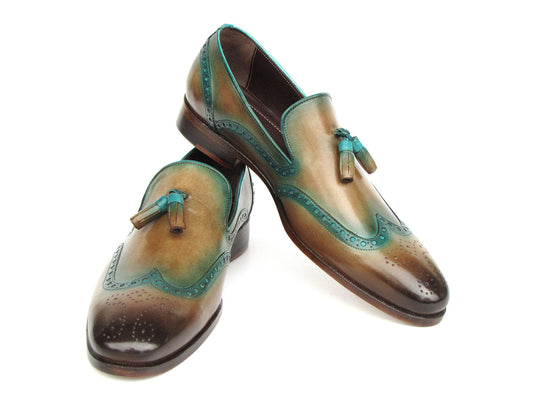 Paul Parkman Tassel Loafers Olive & Green Patina WL667-OLV, featuring brown and green hand-painted decorative perforations, crafted from patina leather, placed against a white background.