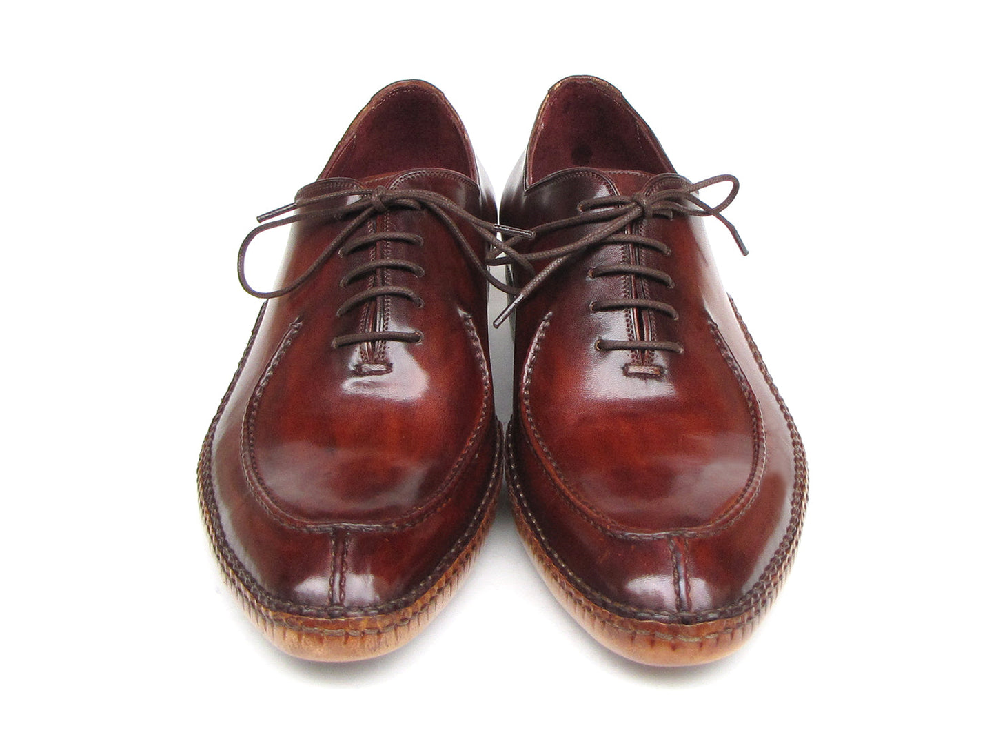 The Paul Parkman Side Handsewn Split-toe Burgundy Oxfords - 054-BUR feature polished hand-painted leather, lace-up design, and elegant stitching details for a refined men's footwear look.
