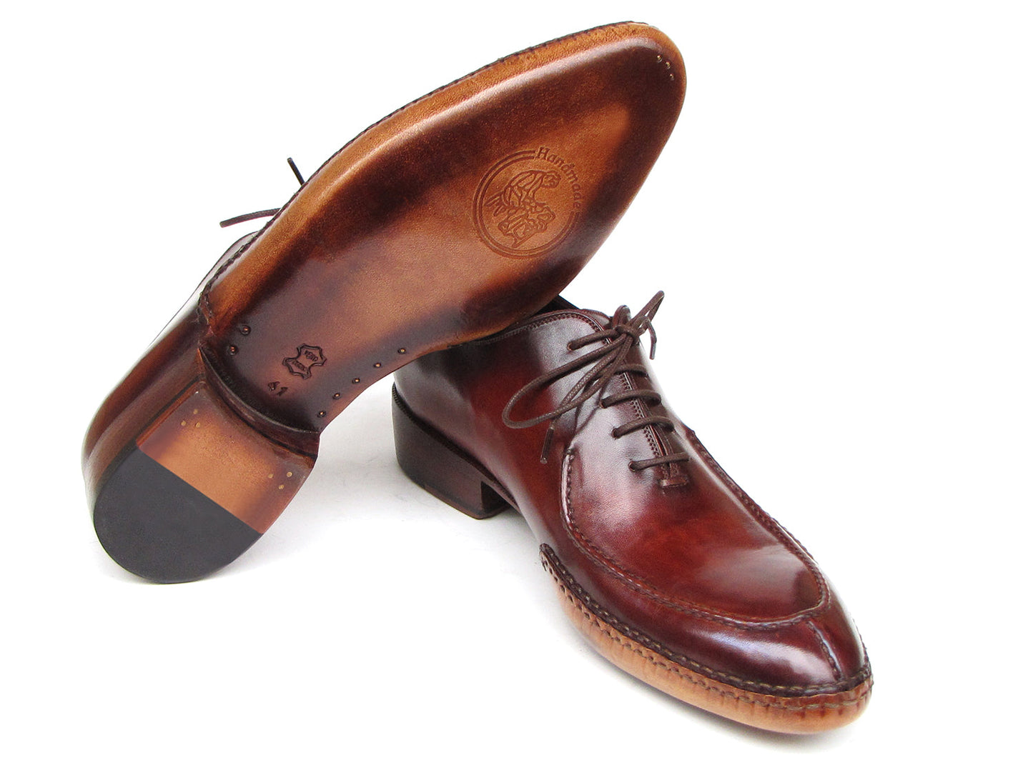 The Paul Parkman Side Handsewn Split-toe Burgundy Oxfords - 054-BUR feature polished hand-painted leather, lace-up design, and elegant stitching details for a refined men's footwear look.
