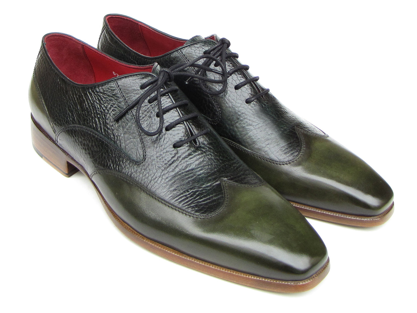 Handmade Paul Parkman Wingtip Oxford Floater Leather Green dress shoes (023-GREEN) feature textured uppers, black laces, red lining, and brown soles—perfect for a refined men’s look.