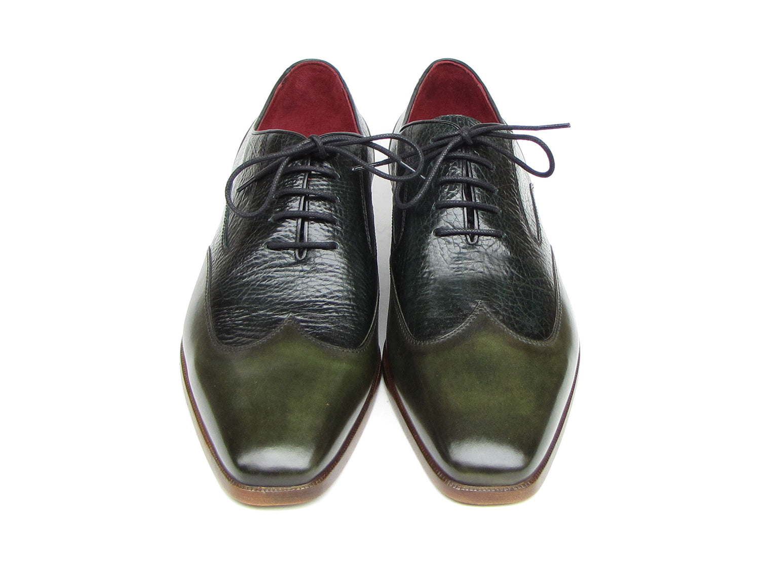 Handmade Paul Parkman Wingtip Oxford Floater Leather Green dress shoes (023-GREEN) feature textured uppers, black laces, red lining, and brown soles—perfect for a refined men’s look.