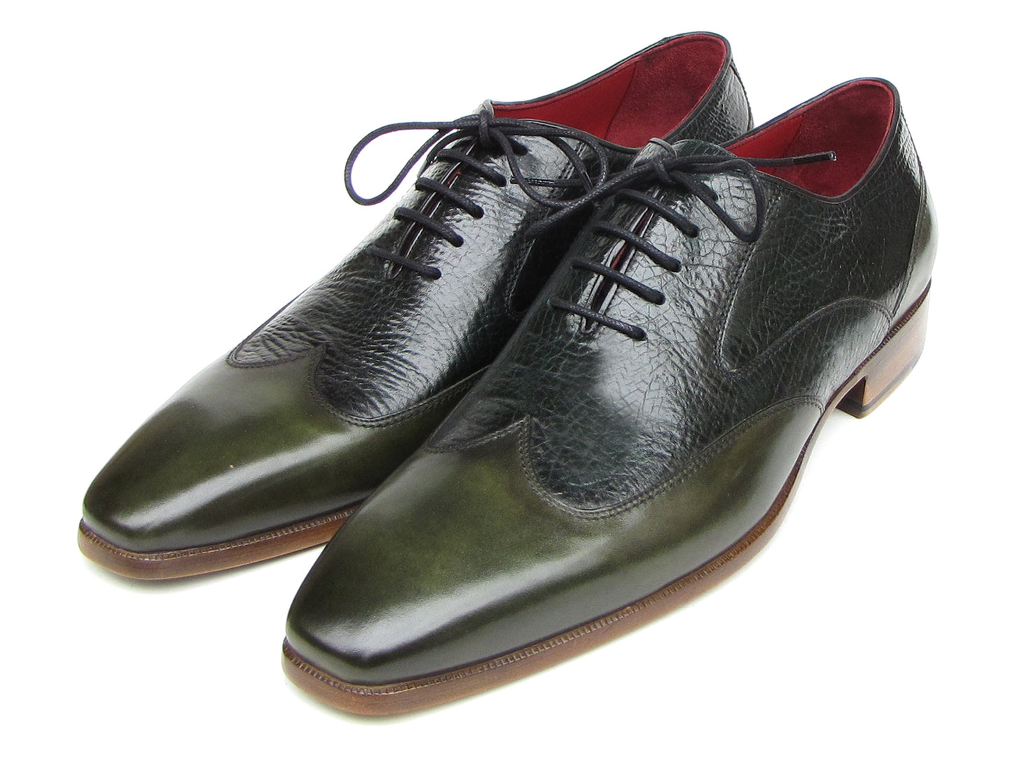 Handmade Paul Parkman Wingtip Oxford Floater Leather Green dress shoes (023-GREEN) feature textured uppers, black laces, red lining, and brown soles—perfect for a refined men’s look.