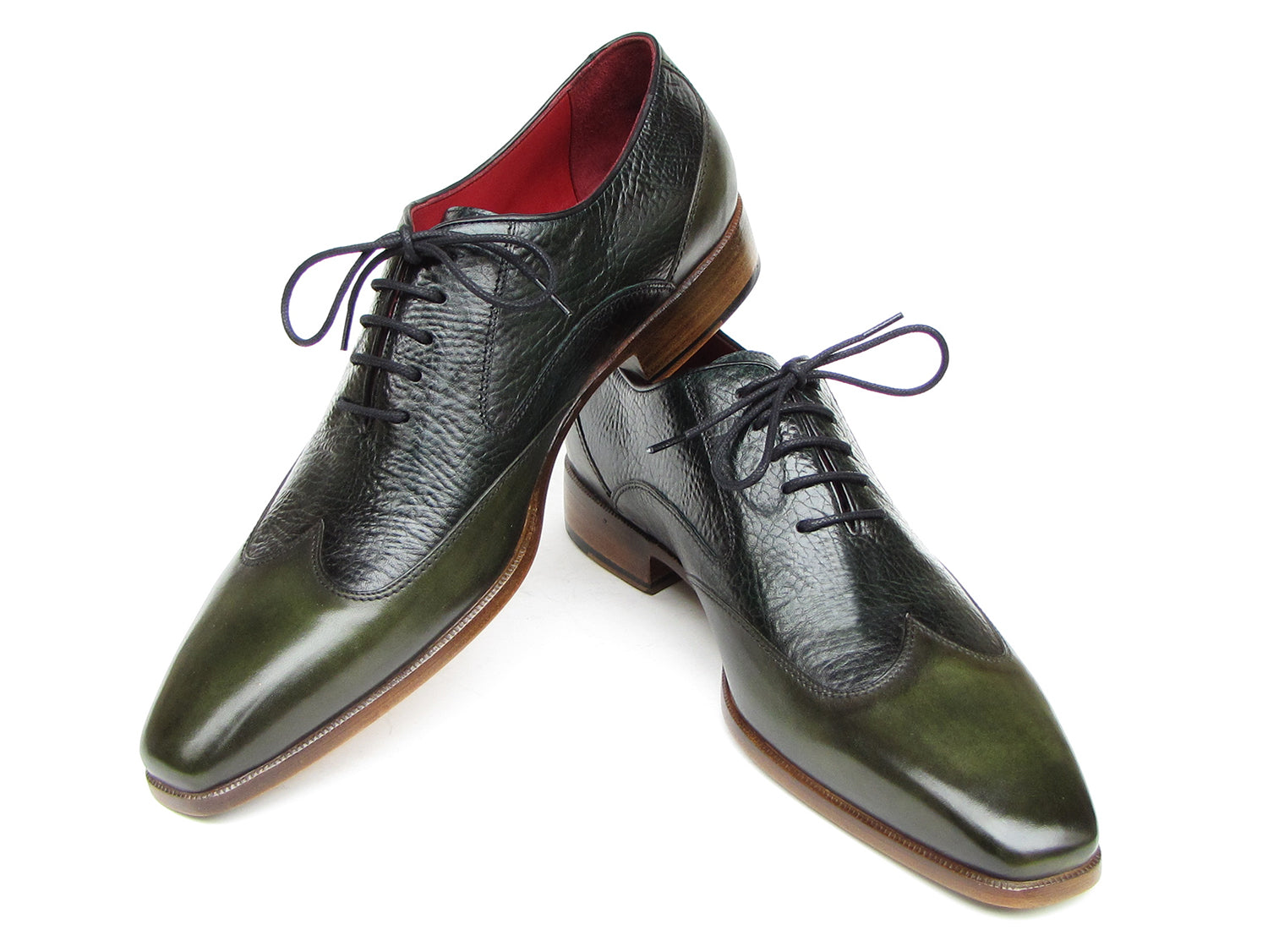 Handmade Paul Parkman Wingtip Oxford Floater Leather Green dress shoes (023-GREEN) feature textured uppers, black laces, red lining, and brown soles—perfect for a refined men’s look.