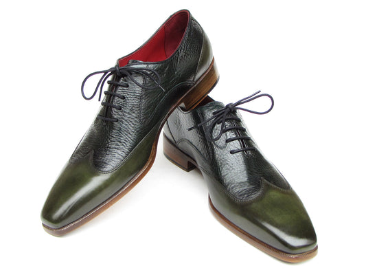 Handmade Paul Parkman Wingtip Oxford Floater Leather Green dress shoes (023-GREEN) feature textured uppers, black laces, red lining, and brown soles—perfect for a refined men’s look.