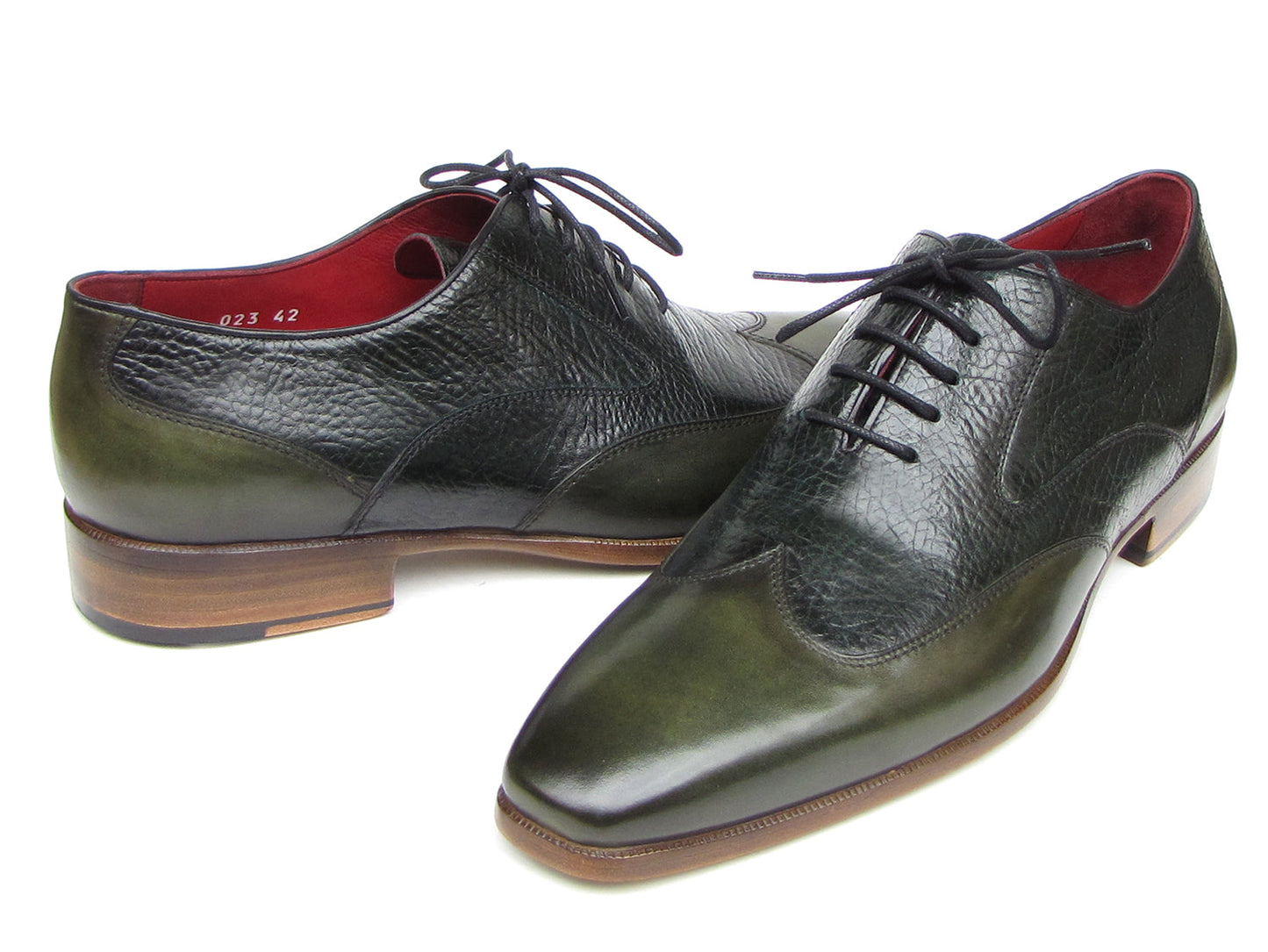 Handmade Paul Parkman Wingtip Oxford Floater Leather Green dress shoes (023-GREEN) feature textured uppers, black laces, red lining, and brown soles—perfect for a refined men’s look.