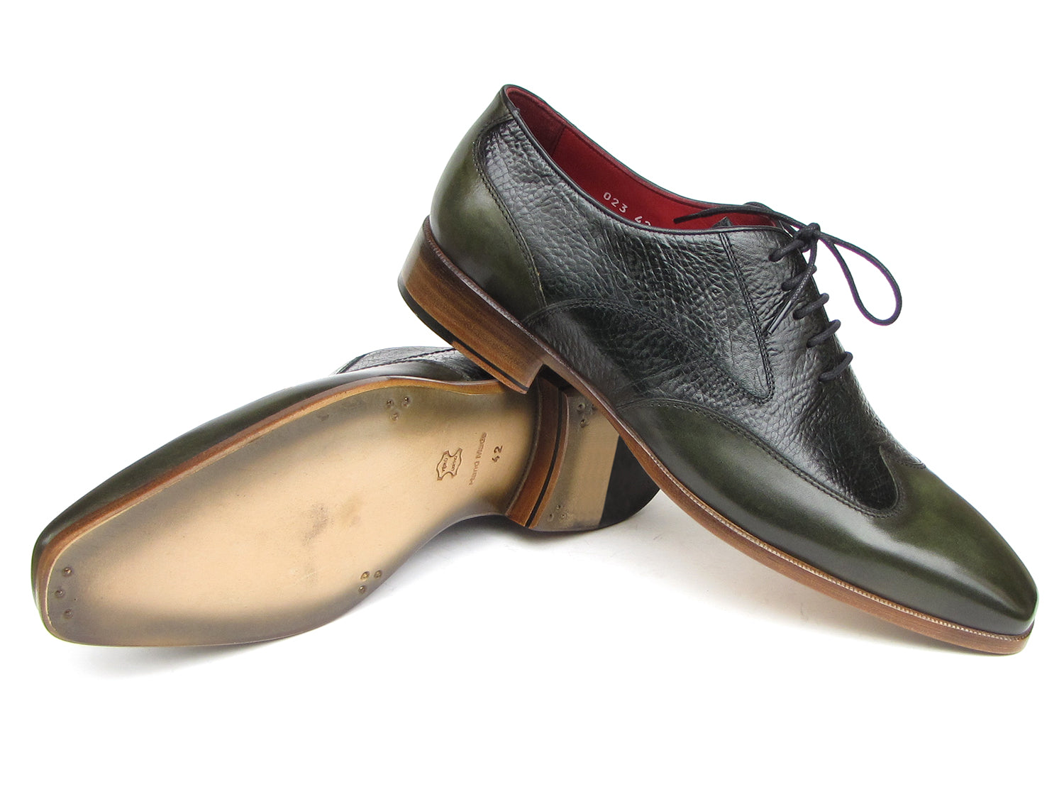 Handmade Paul Parkman Wingtip Oxford Floater Leather Green dress shoes (023-GREEN) feature textured uppers, black laces, red lining, and brown soles—perfect for a refined men’s look.