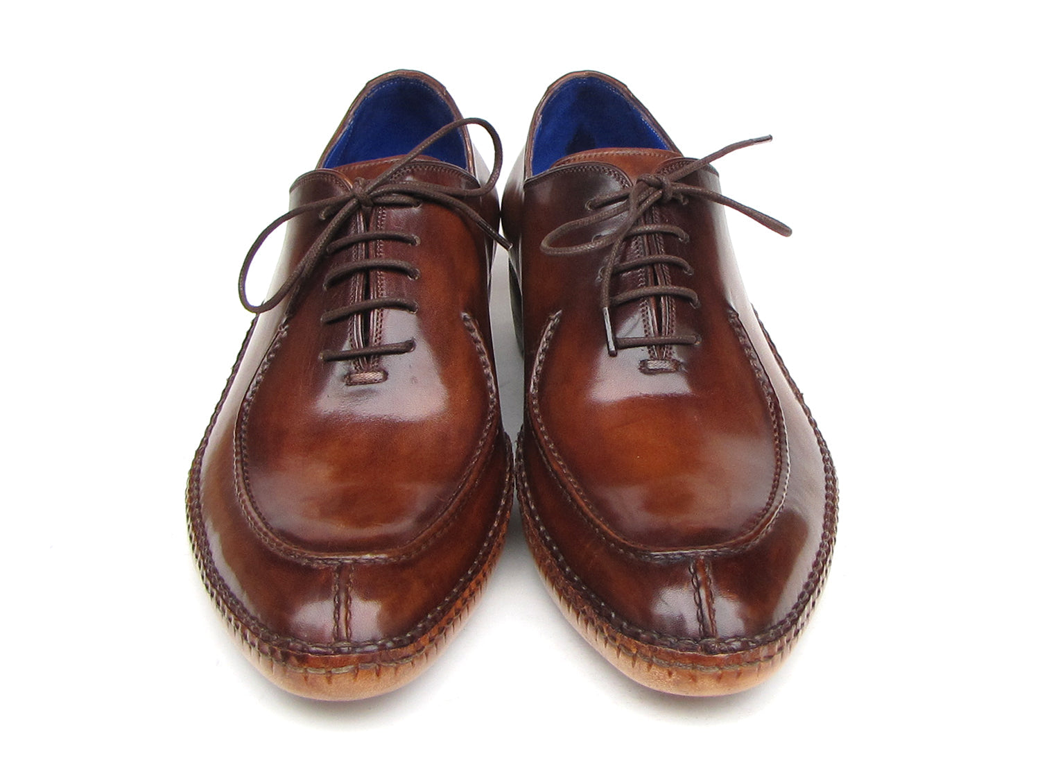 Paul Parkman Side Handsewn Split-toe Brown Oxfords - 054-BRW: Polished hand-painted leather men’s shoes with blue lining, lace-up closure, and stitched details.