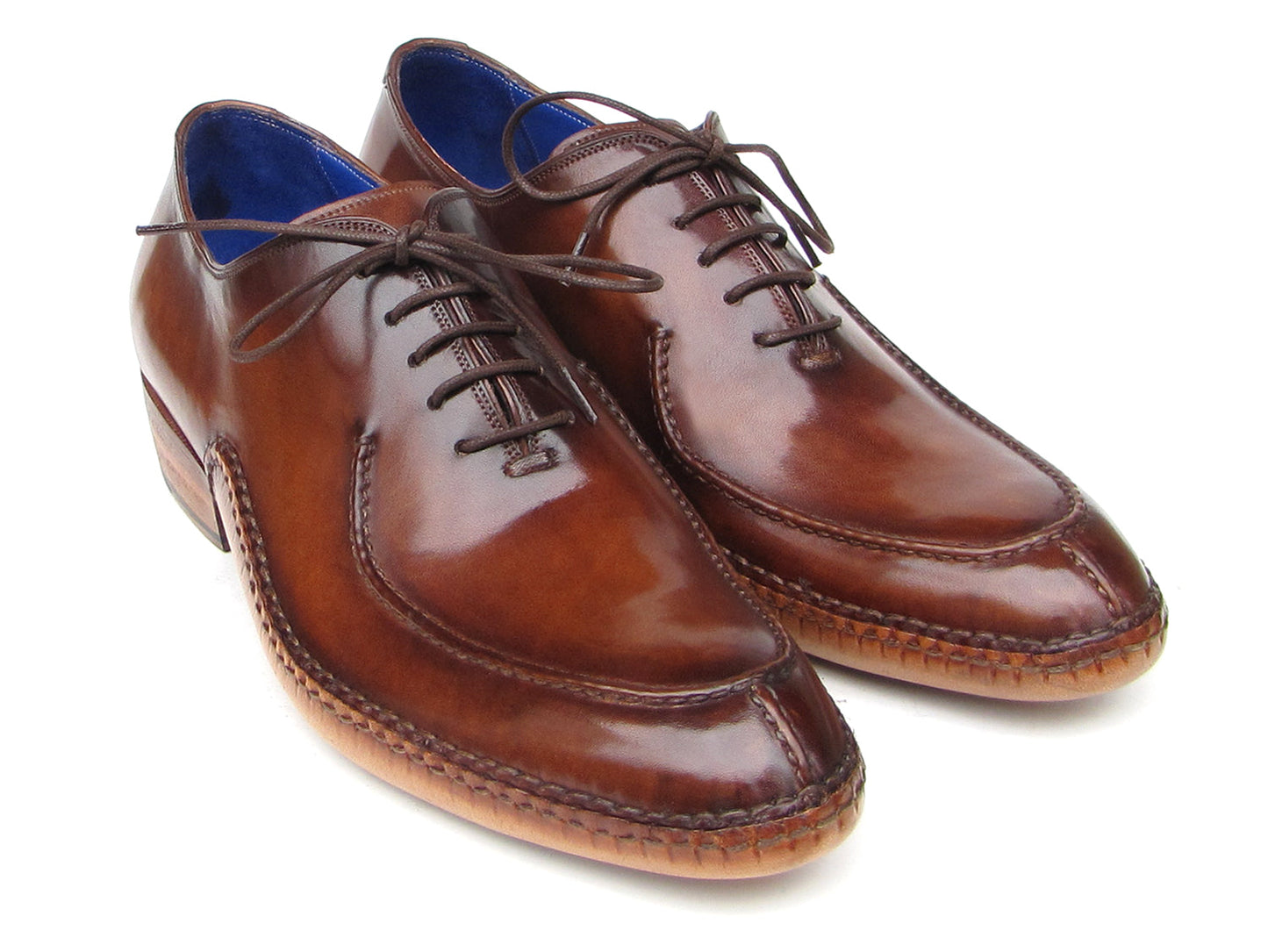 Paul Parkman Side Handsewn Split-toe Brown Oxfords - 054-BRW: Polished hand-painted leather men’s shoes with blue lining, lace-up closure, and stitched details.
