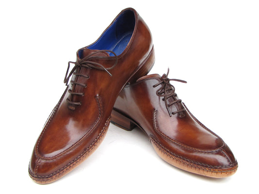 Paul Parkman Side Handsewn Split-toe Brown Oxfords - 054-BRW: Polished hand-painted leather men’s shoes with blue lining, lace-up closure, and stitched details.