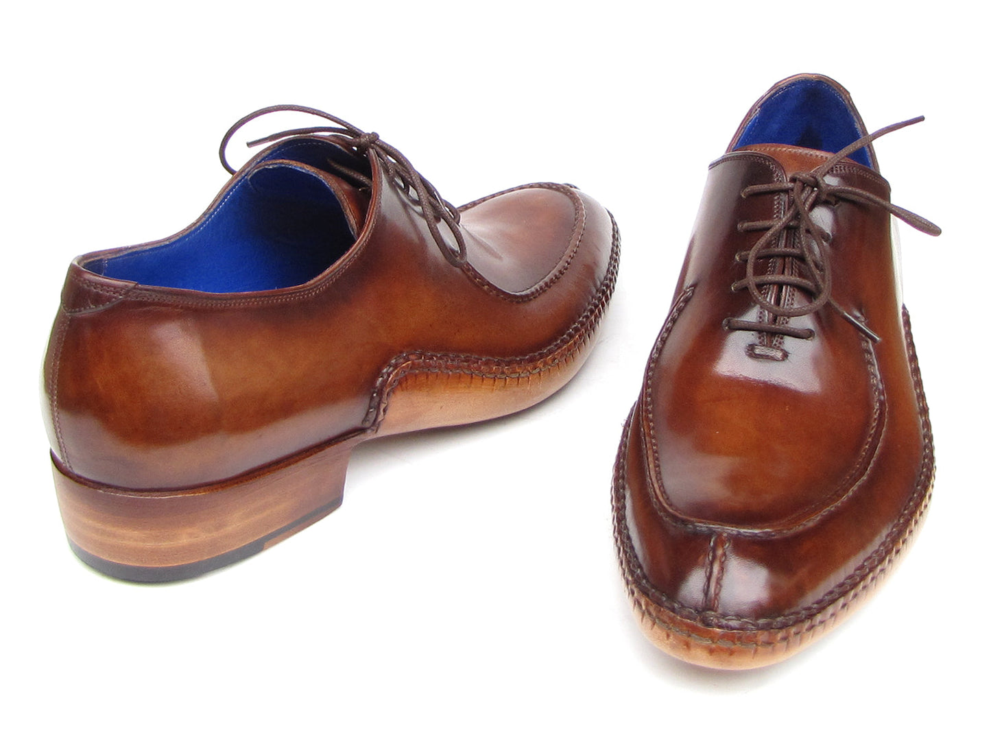 Paul Parkman Side Handsewn Split-toe Brown Oxfords - 054-BRW: Polished hand-painted leather men’s shoes with blue lining, lace-up closure, and stitched details.