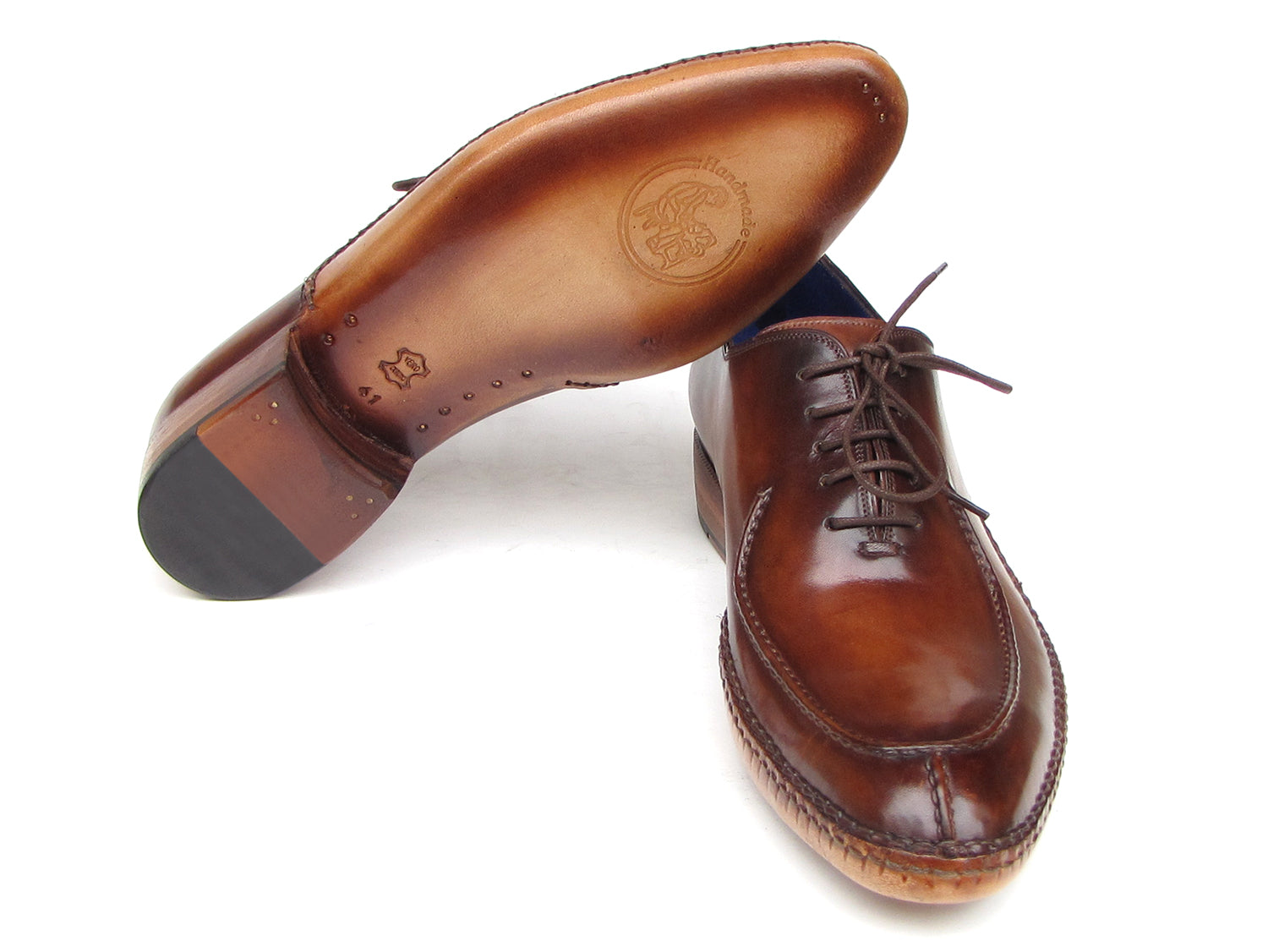 Paul Parkman Side Handsewn Split-toe Brown Oxfords - 054-BRW: Polished hand-painted leather men’s shoes with blue lining, lace-up closure, and stitched details.