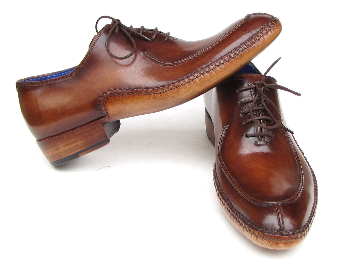 Paul Parkman Side Handsewn Split-toe Brown Oxfords - 054-BRW: Polished hand-painted leather men’s shoes with blue lining, lace-up closure, and stitched details.