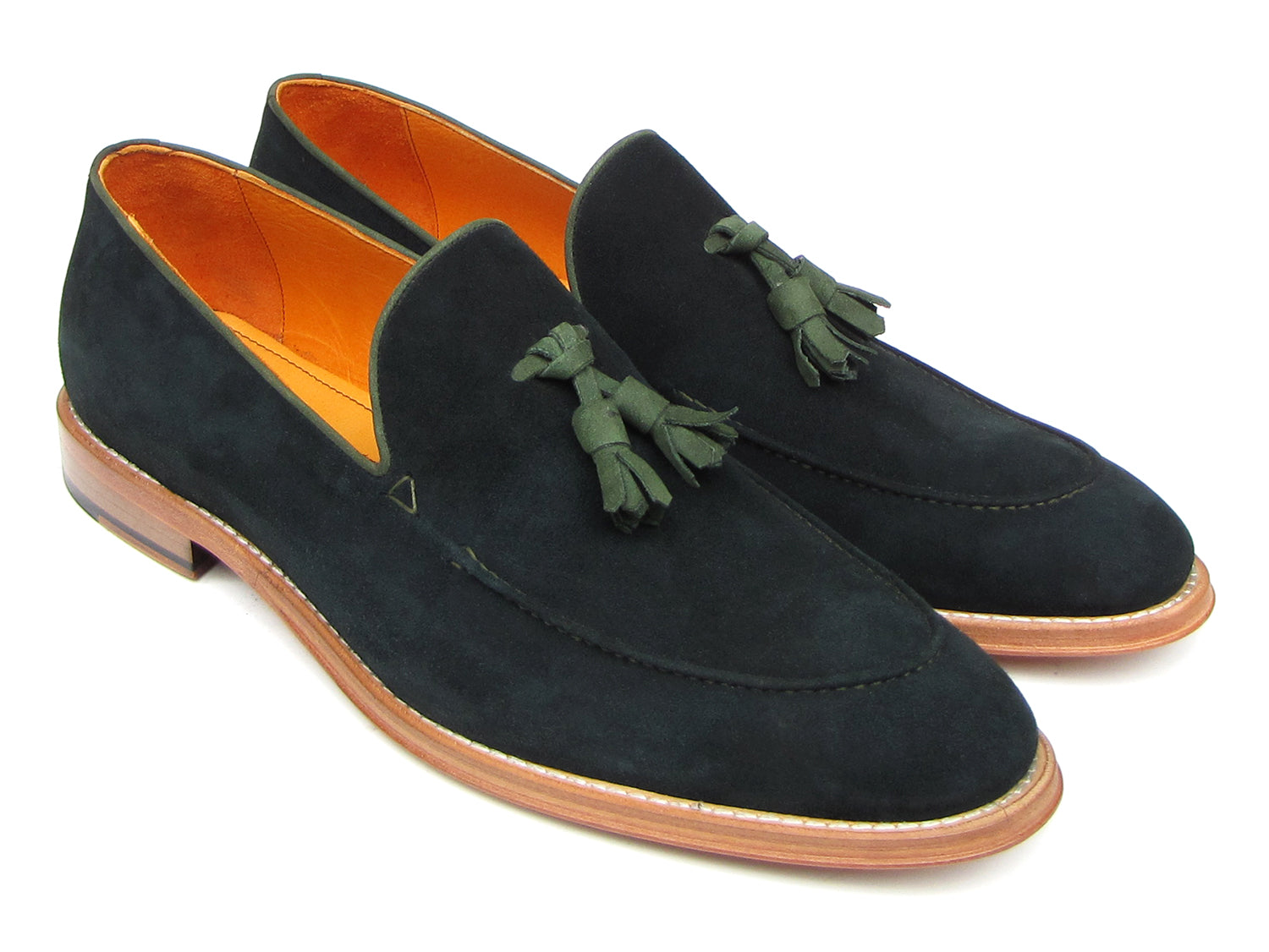 The Paul Parkman Tassel Loafer Green Suede Shoes (087-GREEN) feature green suede, green tassels, and brown leather soles, with one men's shoe shown on its side to display the sole.