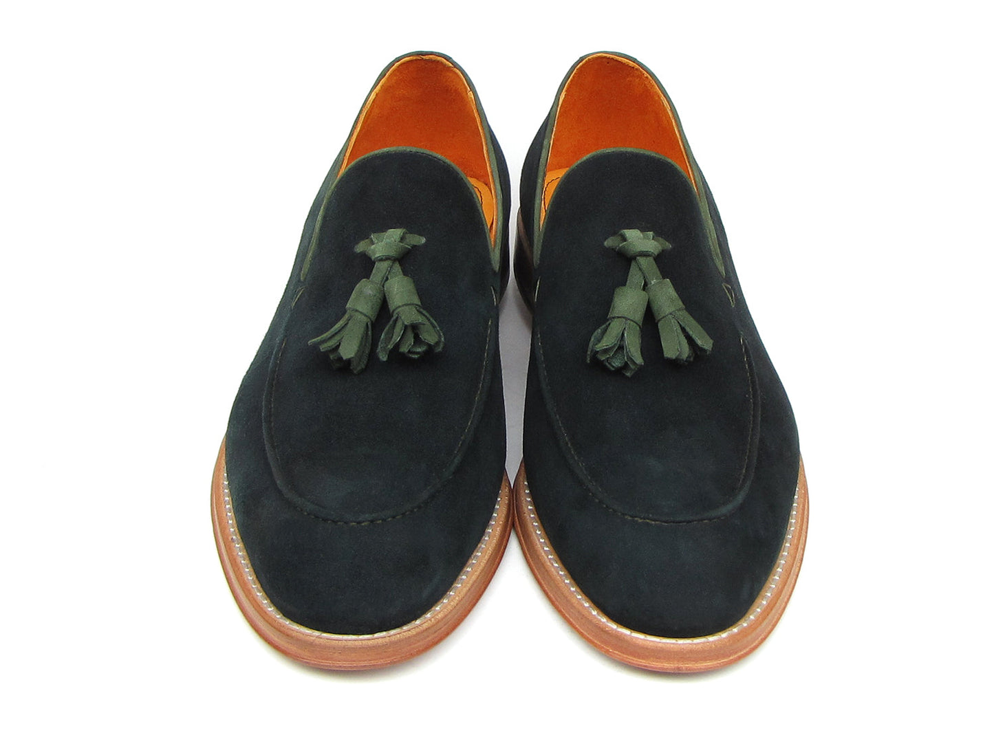The Paul Parkman Tassel Loafer Green Suede Shoes (087-GREEN) feature green suede, green tassels, and brown leather soles, with one men's shoe shown on its side to display the sole.