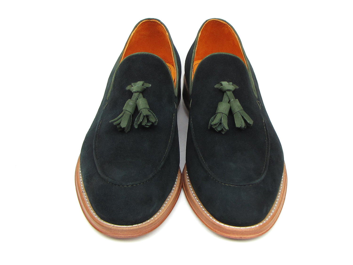The Paul Parkman Tassel Loafer Green Suede Shoes (087-GREEN) feature green suede, green tassels, and brown leather soles, with one men's shoe shown on its side to display the sole.