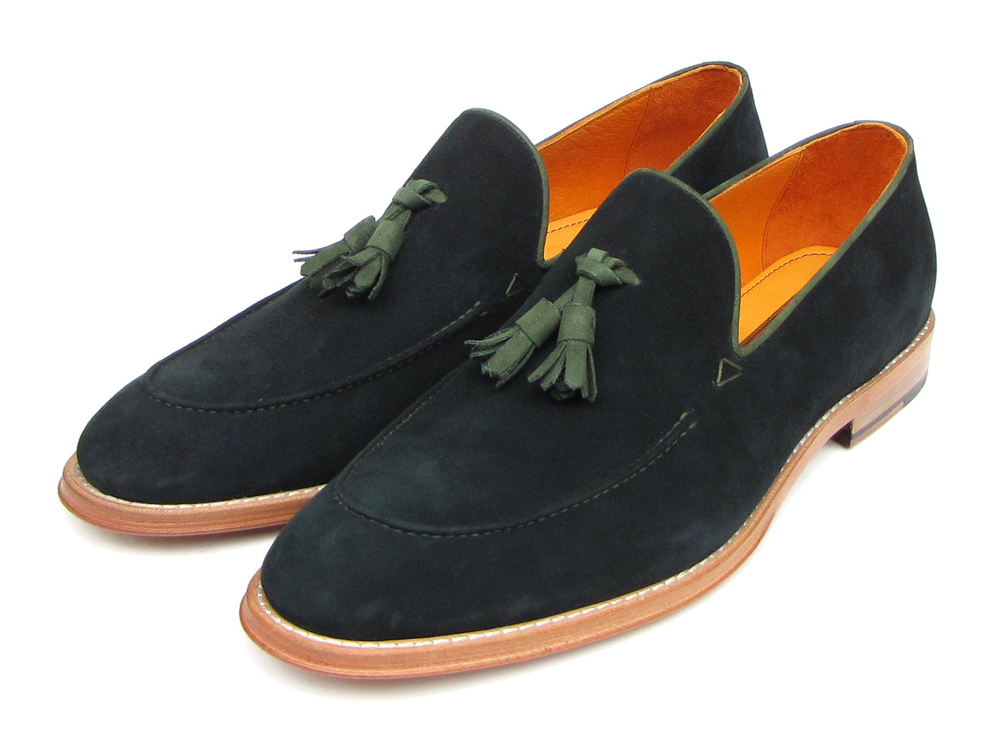 The Paul Parkman Tassel Loafer Green Suede Shoes (087-GREEN) feature green suede, green tassels, and brown leather soles, with one men's shoe shown on its side to display the sole.