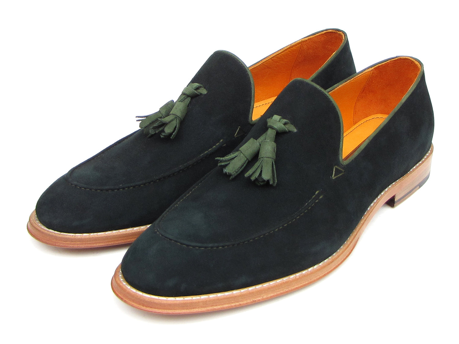 The Paul Parkman Tassel Loafer Green Suede Shoes (087-GREEN) feature green suede, green tassels, and brown leather soles, with one men's shoe shown on its side to display the sole.