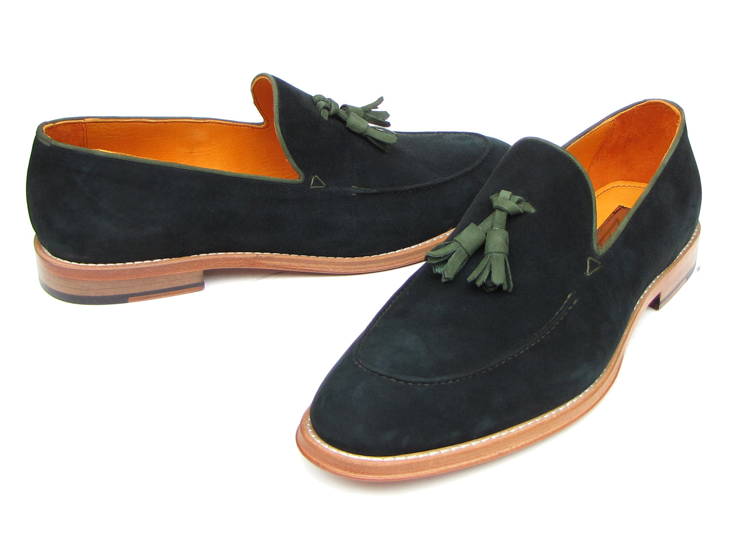 The Paul Parkman Tassel Loafer Green Suede Shoes (087-GREEN) feature green suede, green tassels, and brown leather soles, with one men's shoe shown on its side to display the sole.