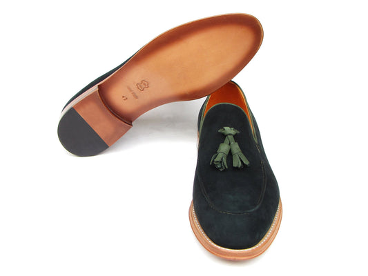 The Paul Parkman Tassel Loafer Green Suede Shoes (087-GREEN) feature green suede, green tassels, and brown leather soles, with one men's shoe shown on its side to display the sole.