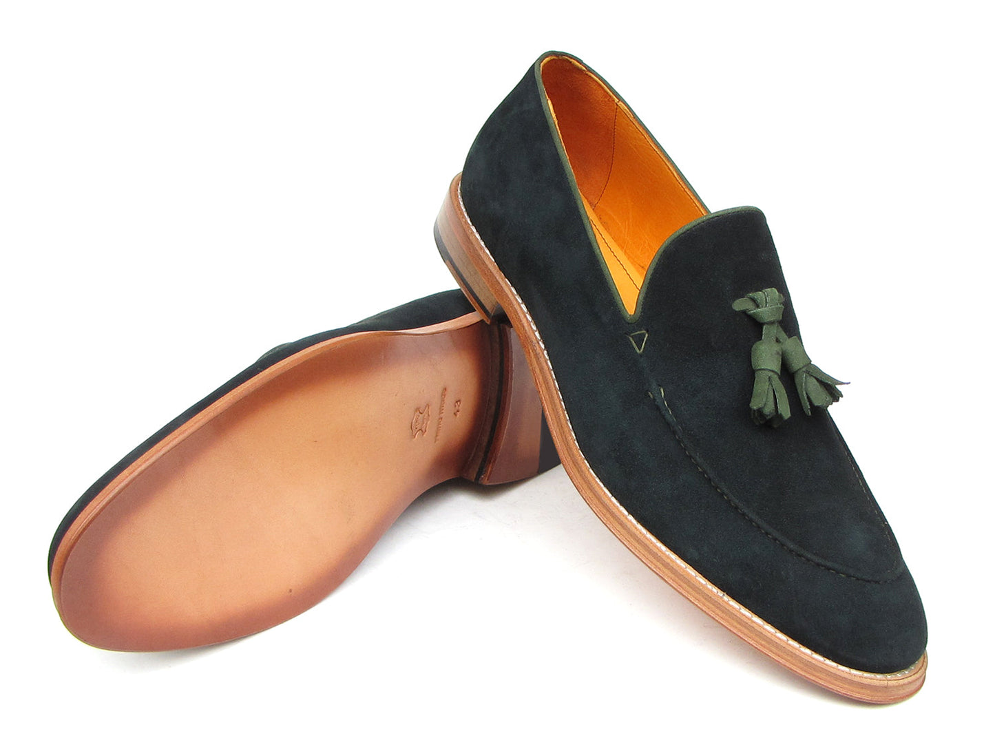 The Paul Parkman Tassel Loafer Green Suede Shoes (087-GREEN) feature green suede, green tassels, and brown leather soles, with one men's shoe shown on its side to display the sole.