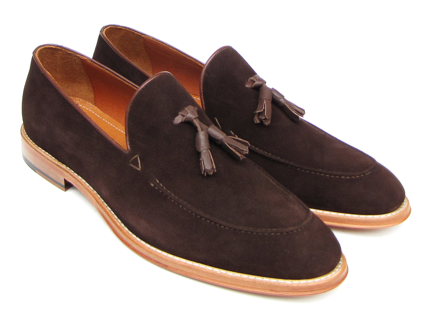 Paul Parkman Tassel Loafer Brown Suede Shoes - 087-BRW for men, featuring brown suede uppers with tassels and light brown soles; one shoe is upright while the other lies on its side.