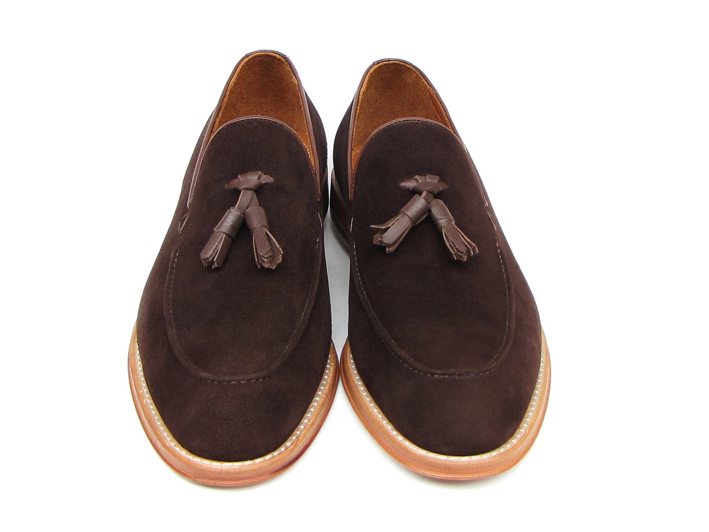 Paul Parkman Tassel Loafer Brown Suede Shoes - 087-BRW for men, featuring brown suede uppers with tassels and light brown soles; one shoe is upright while the other lies on its side.