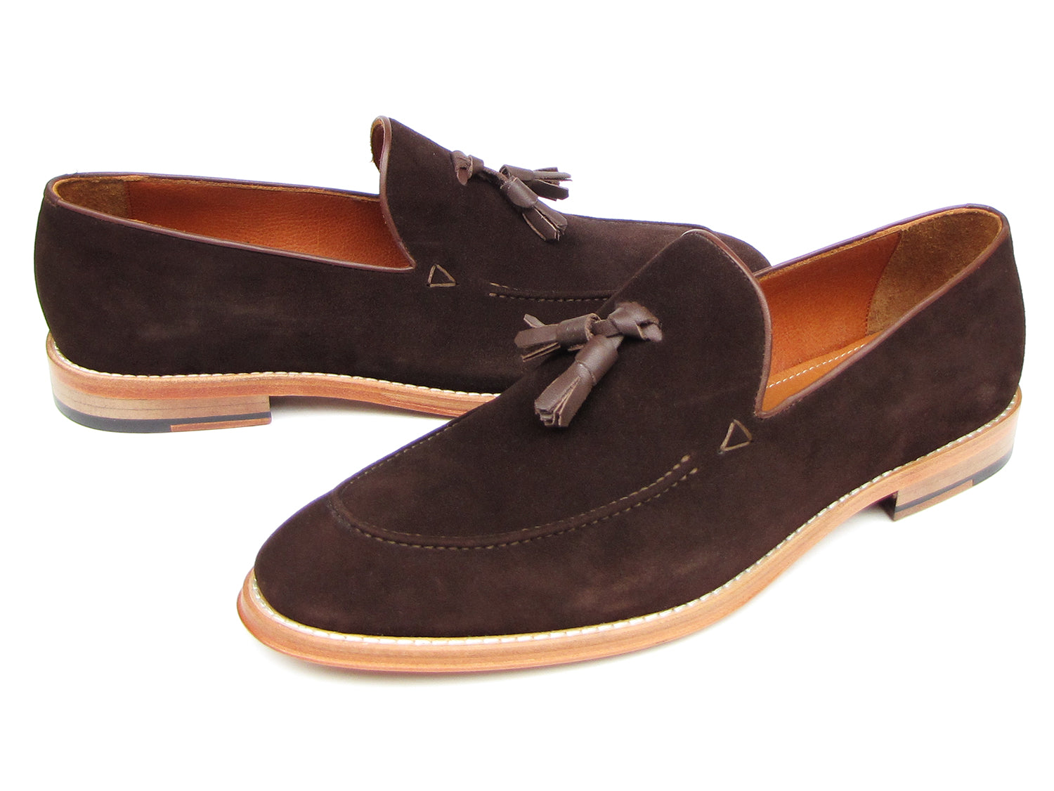 Paul Parkman Tassel Loafer Brown Suede Shoes - 087-BRW for men, featuring brown suede uppers with tassels and light brown soles; one shoe is upright while the other lies on its side.