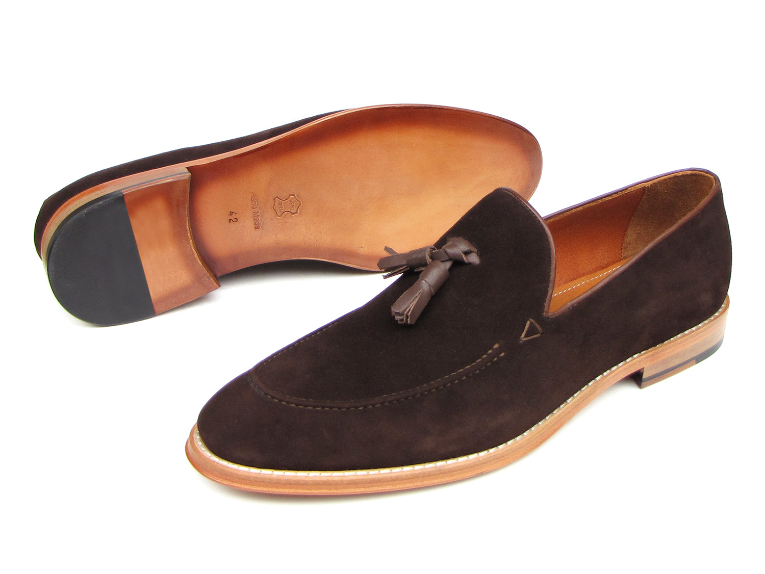 Paul Parkman Tassel Loafer Brown Suede Shoes - 087-BRW for men, featuring brown suede uppers with tassels and light brown soles; one shoe is upright while the other lies on its side.