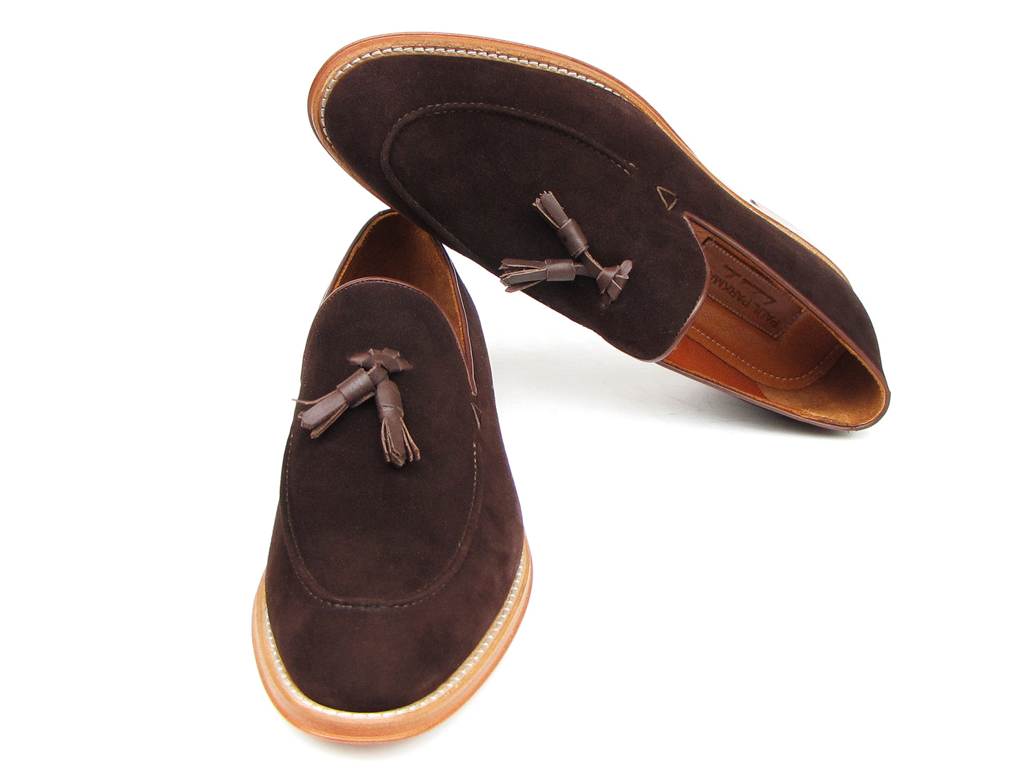 Paul Parkman Tassel Loafer Brown Suede Shoes - 087-BRW for men, featuring brown suede uppers with tassels and light brown soles; one shoe is upright while the other lies on its side.