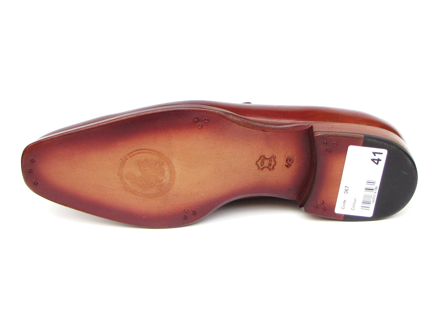The Paul Parkman Penny Loafer Tobacco & Bordeaux Hand-Painted Shoes (067-BRD) for men feature brown leather, visible stitching, a wooden heel, and a branded insole, combining classic style with expert craftsmanship.