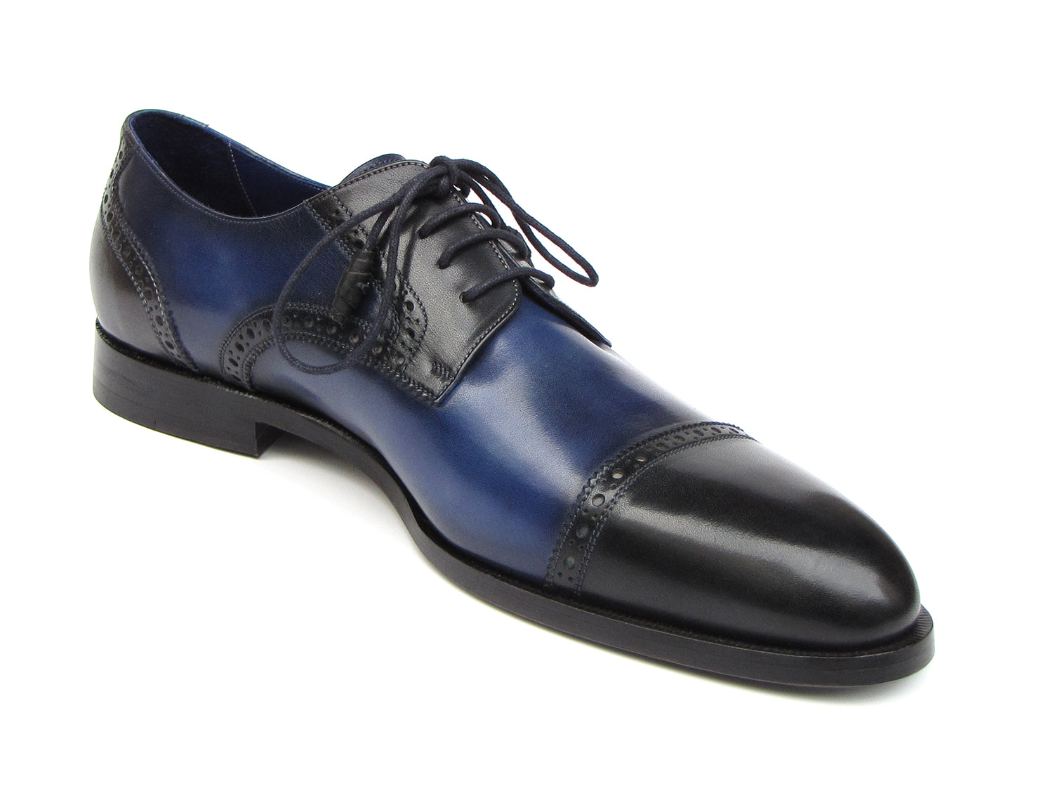 Paul Parkman Parliament Blue Derby Shoes - 046-BLU: Men's lace-up shoes in blue and black Italian calfskin, hand-painted with classic brogue detailing and Paul Parkman branding inside.