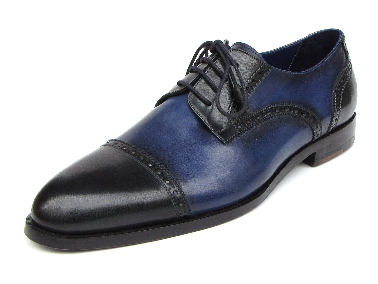 Paul Parkman Parliament Blue Derby Shoes - 046-BLU: Men's lace-up shoes in blue and black Italian calfskin, hand-painted with classic brogue detailing and Paul Parkman branding inside.