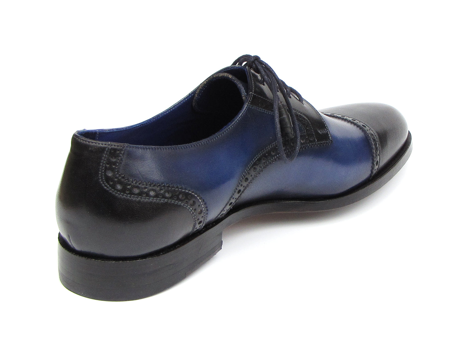 Paul Parkman Parliament Blue Derby Shoes - 046-BLU: Men's lace-up shoes in blue and black Italian calfskin, hand-painted with classic brogue detailing and Paul Parkman branding inside.