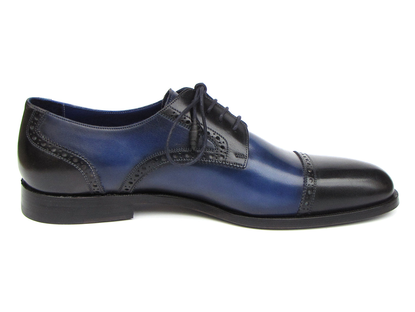 Paul Parkman Parliament Blue Derby Shoes - 046-BLU: Men's lace-up shoes in blue and black Italian calfskin, hand-painted with classic brogue detailing and Paul Parkman branding inside.