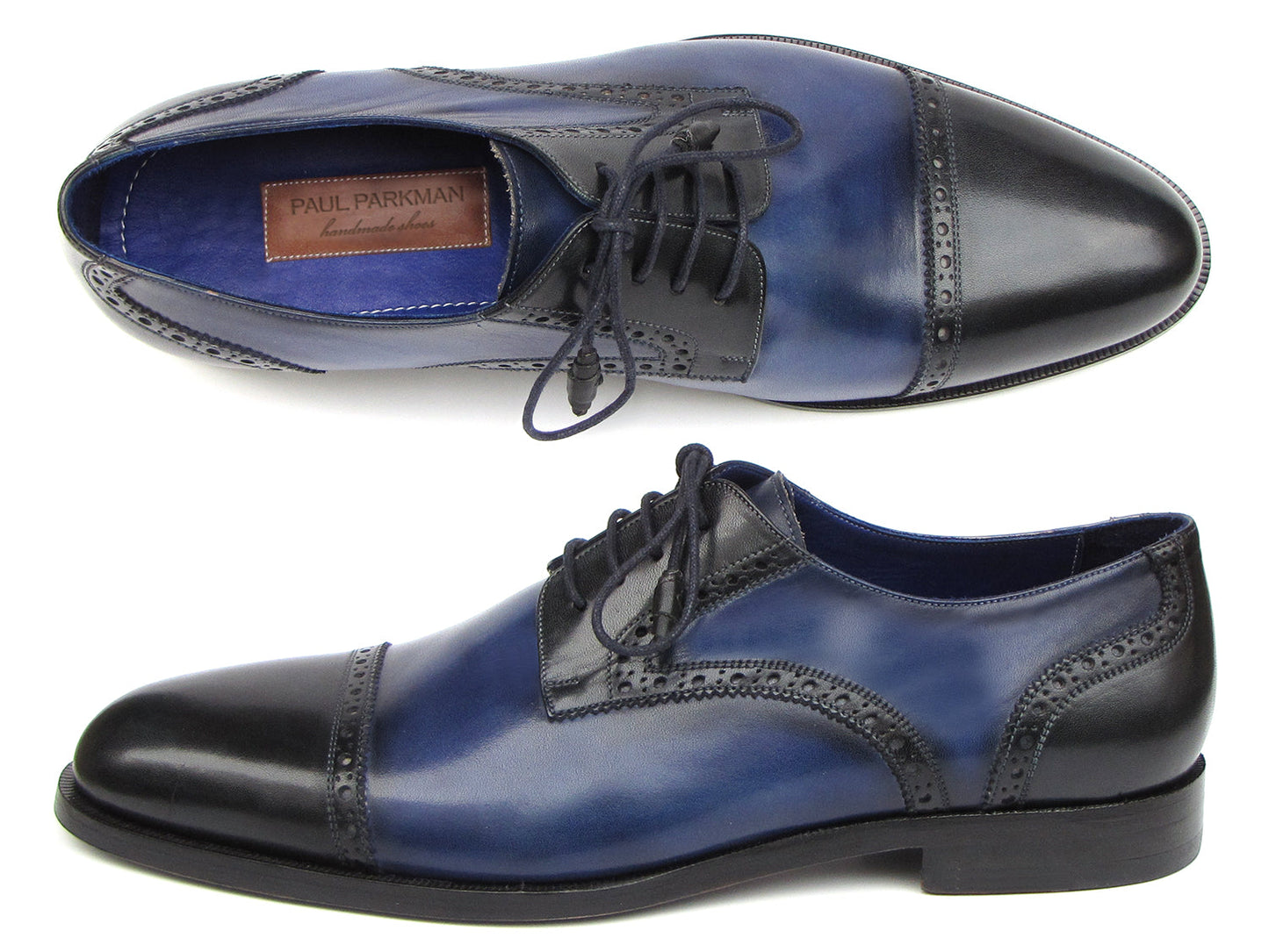 Paul Parkman Parliament Blue Derby Shoes - 046-BLU: Men's lace-up shoes in blue and black Italian calfskin, hand-painted with classic brogue detailing and Paul Parkman branding inside.