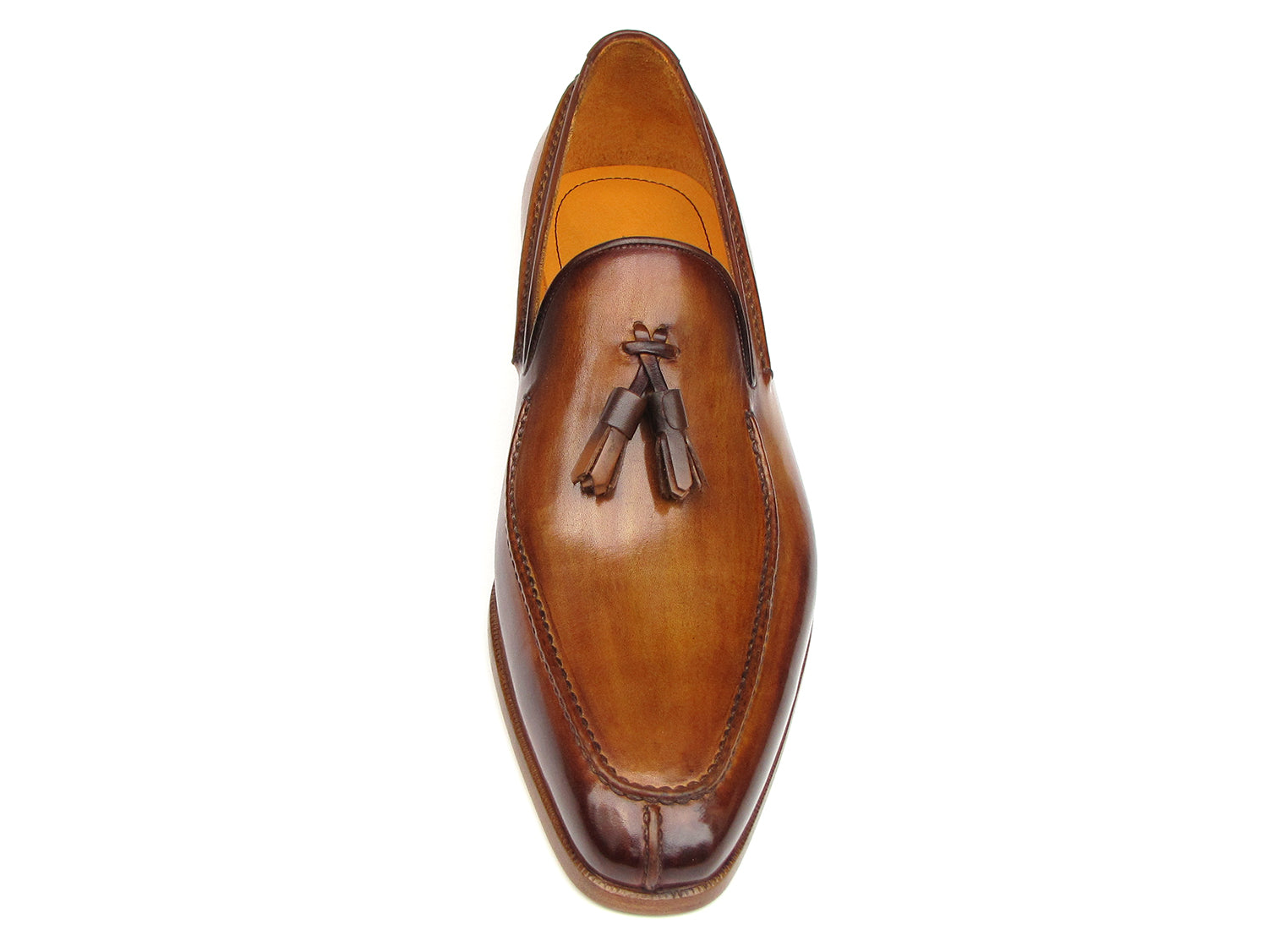 The Paul Parkman Tassel Loafer Camel & Brown Hand-Painted - 083-CML features a polished finish, low heel, and elegant hand-painted leather—shown from a slightly angled side view—making it a sophisticated men's shoe choice.