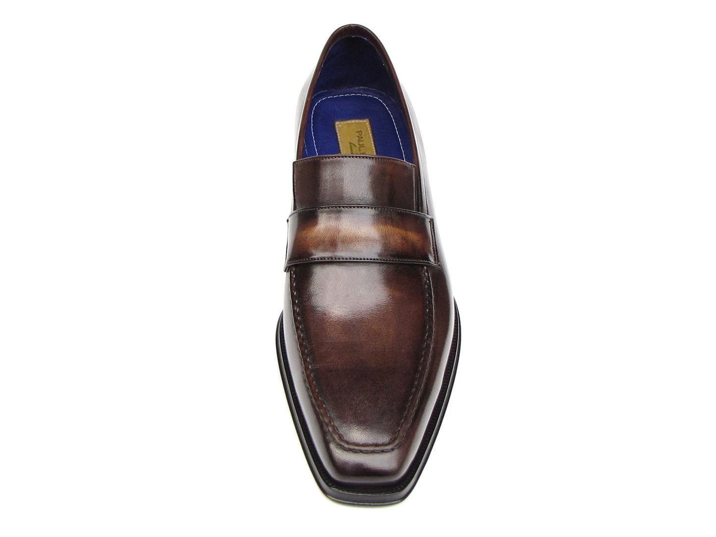 Paul Parkman Loafer Bronze Hand Painted Shoes - 012-BRNZ: men's brown leather loafers with penny strap, blue inner lining, and hand-painted finish, displayed from top and side views. Brand: Paul Parkman.